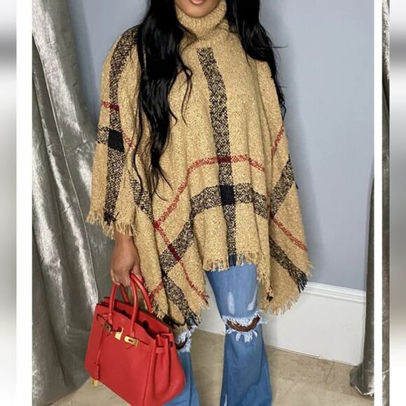 NWOT Large Camel and Tartan Poncho - Picture 1 of 5